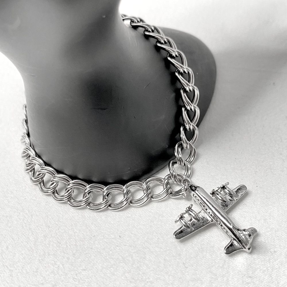 💎Silver Tone Airplane Charm Double Chain Bracelet Novelty Unisex